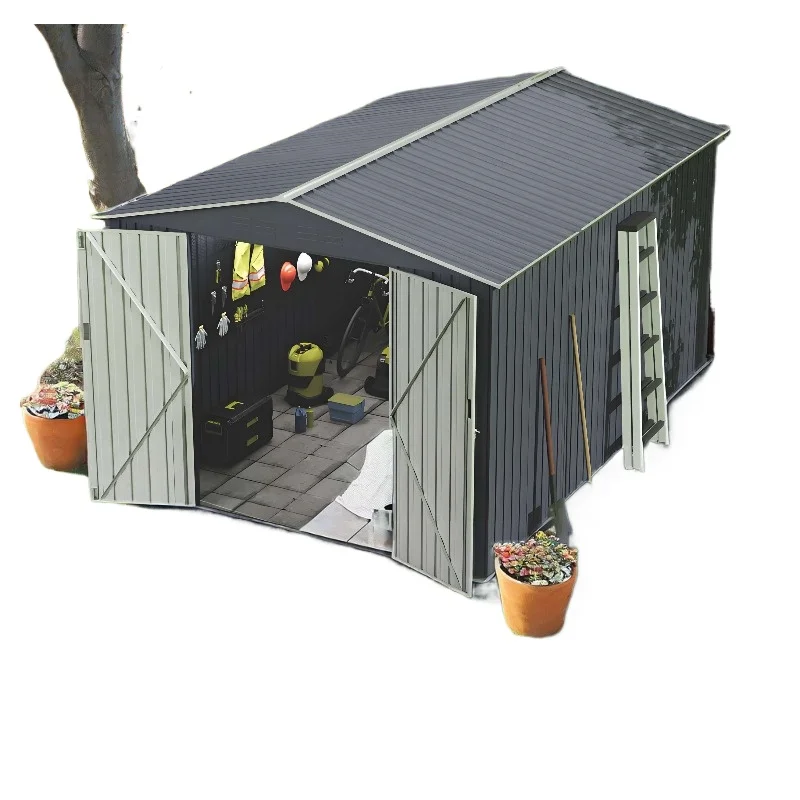 8 * 10 Feet Dark Gray Double Door 0.25mm or 0.Thick Iron Sheet Modern Slat Storage Room Tools and Sundries