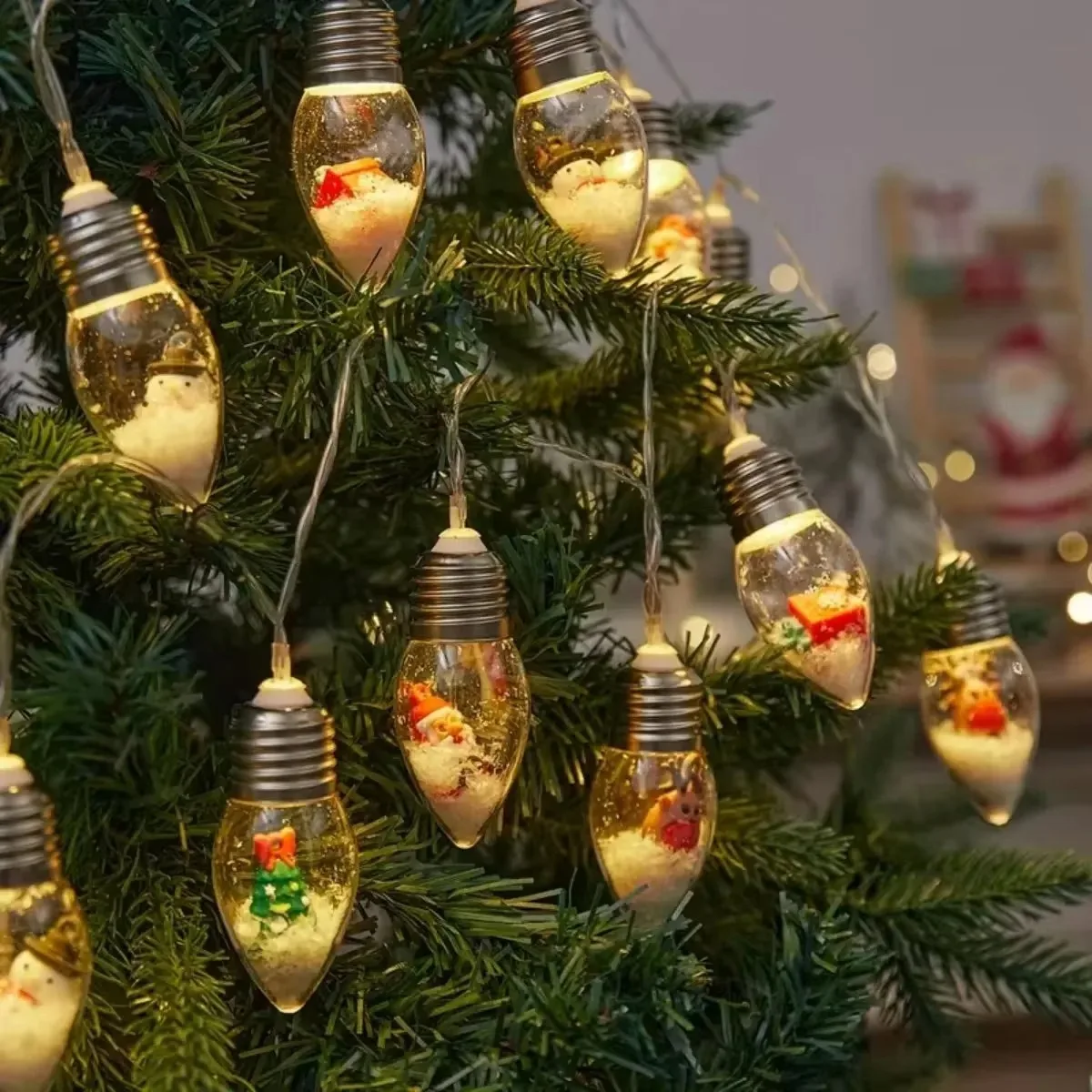Santa Snowman Tree Themed Christmas Snow Globe Lights, 10/20 LED Clear Fairy Bulb String Garland for Indoor Holiday Decor