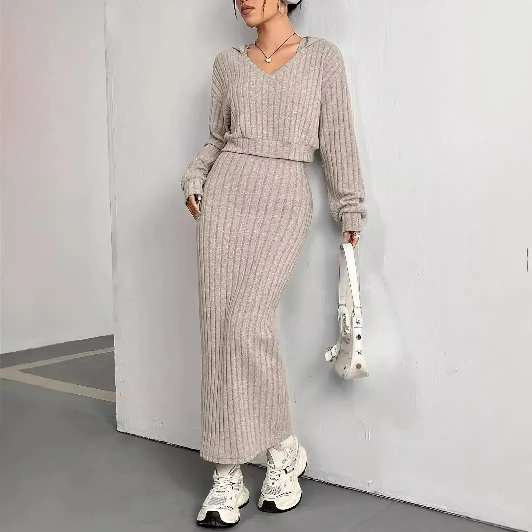 

Korean Autumn Winter New Knitted Casual Loose Long Sleeve Hoodie And Slim Fit Bodycon Dresses Two Piece Set Y2k Maxi Dress