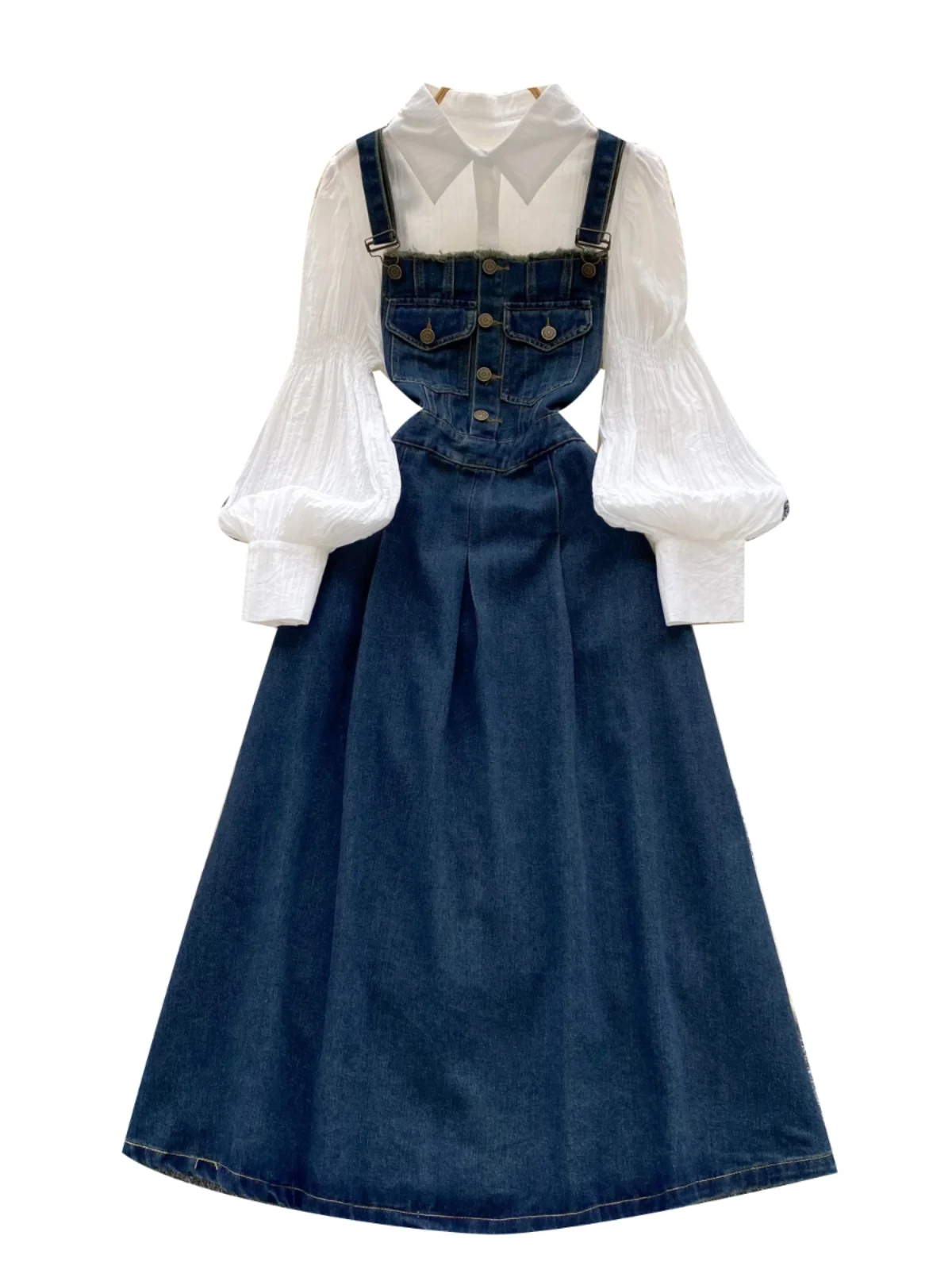 

Age-Defng Gentle Wind Set Women's Court Lantern Sve irt Waist-Cinching Denim Dr Two-Piece Ensemble Faionable Casu...