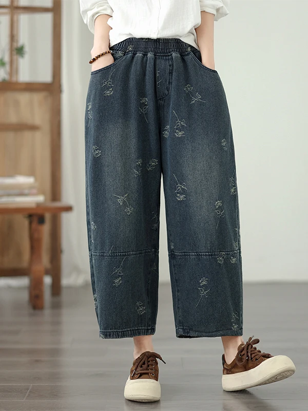 

High-End Women's plus Size Casual Embroidered Loose Nine-Tenths Denim Harem Pants High Waist Cotton Polyester Blend Blue