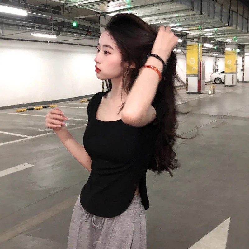 Women U-neck Short Sleeve Spring Summer High-waist Short Tight Solid Color T-shirt Girl Student Lady Slim-fit Short Sleeve Top