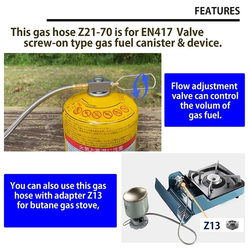 Outdoor Camping Gear 27.6Inch Multi-Function Gas Hose For EN417 Lindal Valve Screw-On Type Canister And Device Z21-70