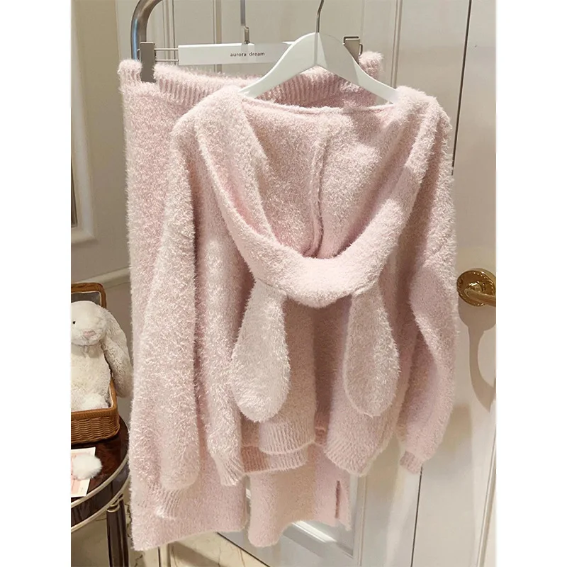 2026 جديد الحلو الأرنب الأذن مقنعين نصف الصوف السراويل الطويلة 2 قطعة مجموعة النساء الشتاء الصوف مبطن محبوك ملابس المنزل الوردي بيجامة مجموعة #1