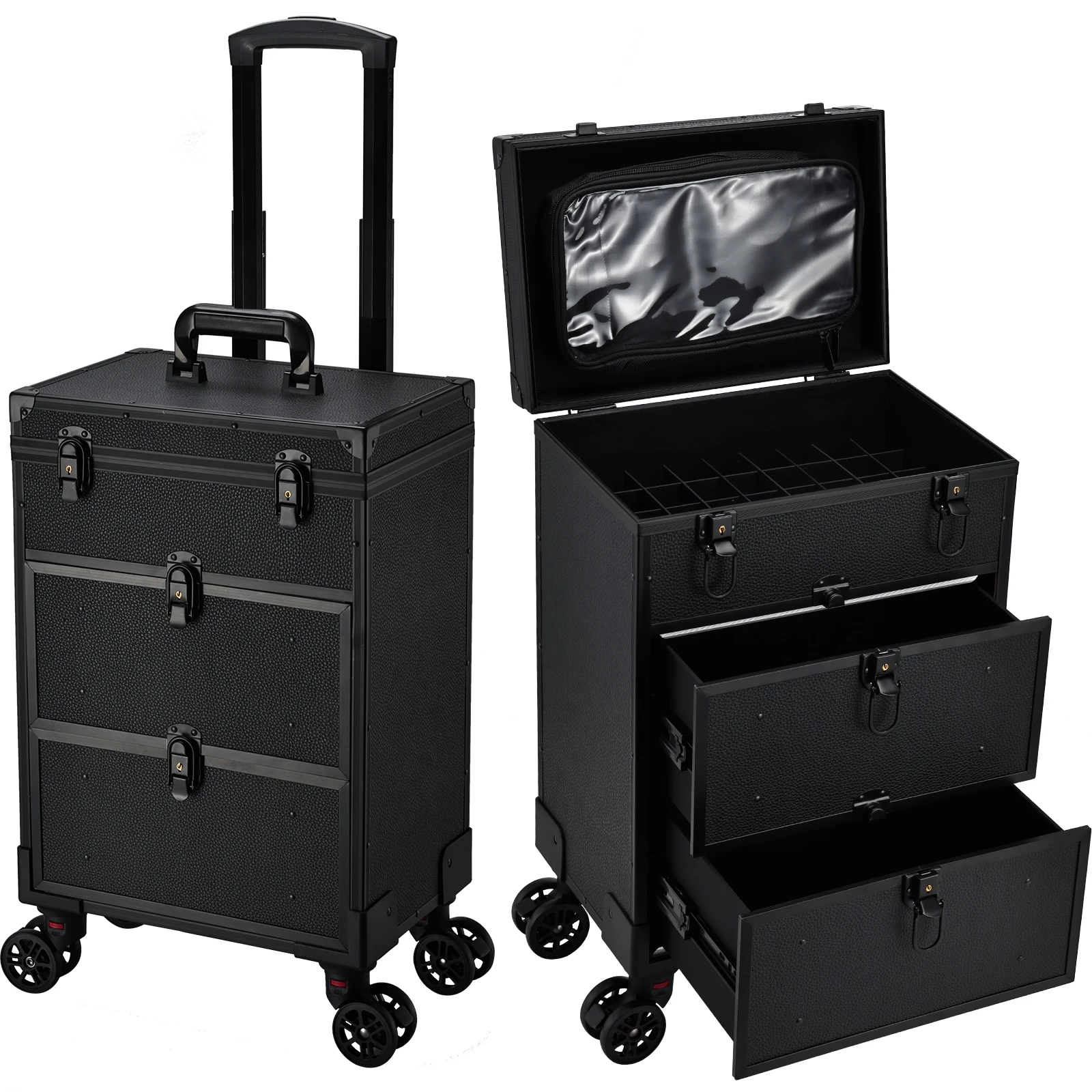 

Professional 3 in 1 Rolling Makeup Case on Wheels 2 Large Drawer Nail Trolley Traveling Cosmetic Train Case with Makeup Pouch