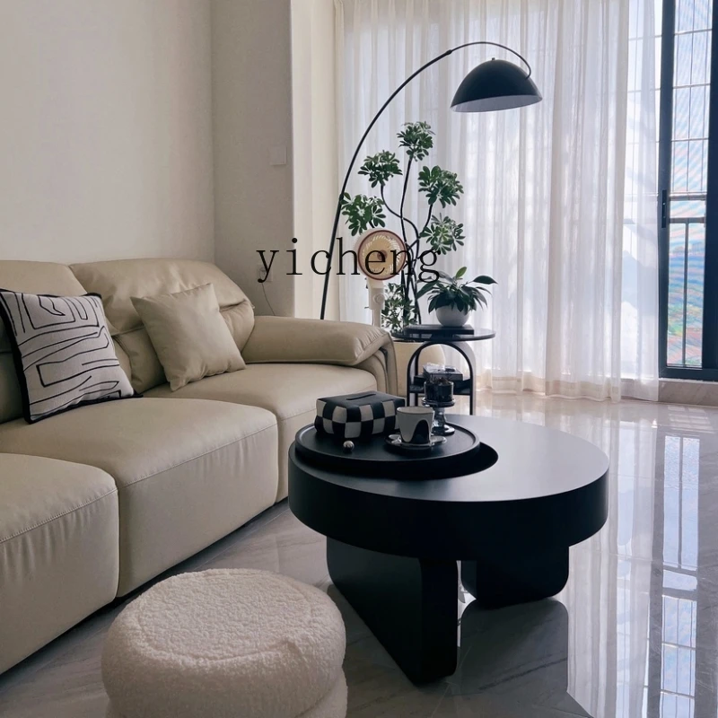 

LSL small apartment coffee table living room household black round rotatable movable coffee table