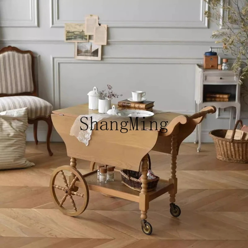

FG antique mobile dining car solid wood retro side table household removable coffee table balcony small table
