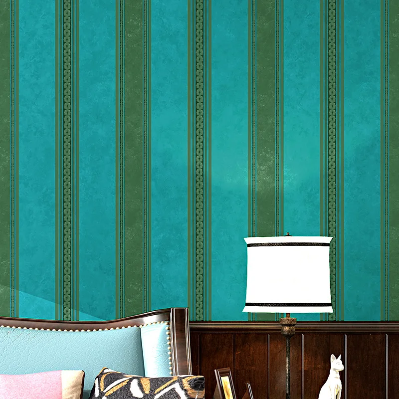 

Green Color Wallpaper Retro Green Nostalgic American-Style Village Style Dark Green Green Color Vertical Stripe Bedroom Striped