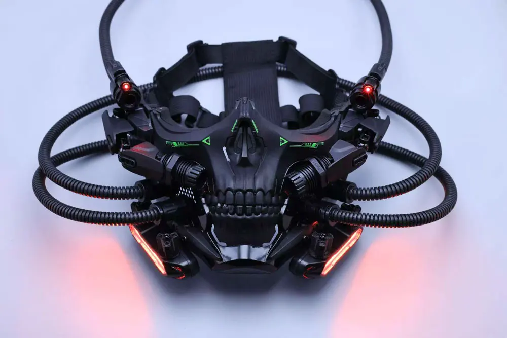 หน้ากากโครงกระดูกสไตล์ไซเบอร์พังก์ ครึ่งหน้า สีดำ พร้อมไฟ สำหรับงานปาร์ตี้ฮาโลวีน งานคาร์นิวัล อุปกรณ์ประกอบฉากเกมยิงปืน ของขวัญ