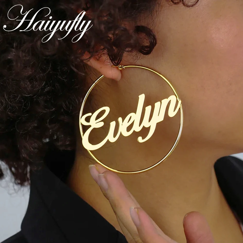 Haiyufly-pendientes de aro personalizados con nombre para mujer y niña, aretes grandes de acero inoxidable, regalo de cumpleaños para joyería de madre e hijos