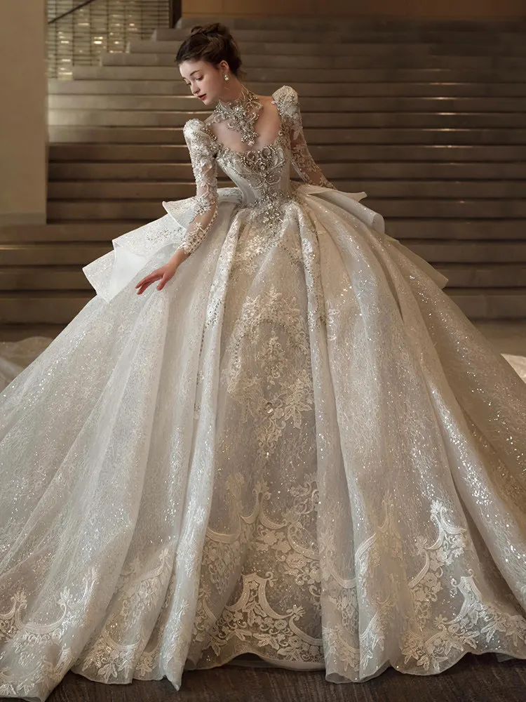 Ruiente Luxury Wedding Dresses Full Sleeve Shiny Wedding Party Dress Giltter Wedding Ball Gown Customized Bridal Wedding Dress