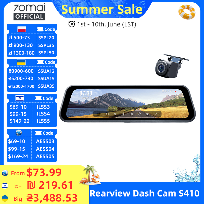  70mai Rearview Dash Cam S410 9.35" Mirror Display Front 2K Rear 1080P F1.55 Aperture Supercapacitor 24/7 Protection 70mai S410
