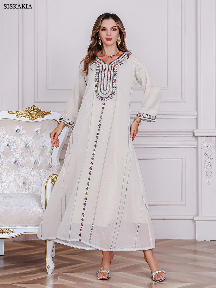 

Siskakia Ramadan Dubai Embroidery Abaya Mesh Muslim Elegant Women Evening Dress V-Neck Fashion Clothes