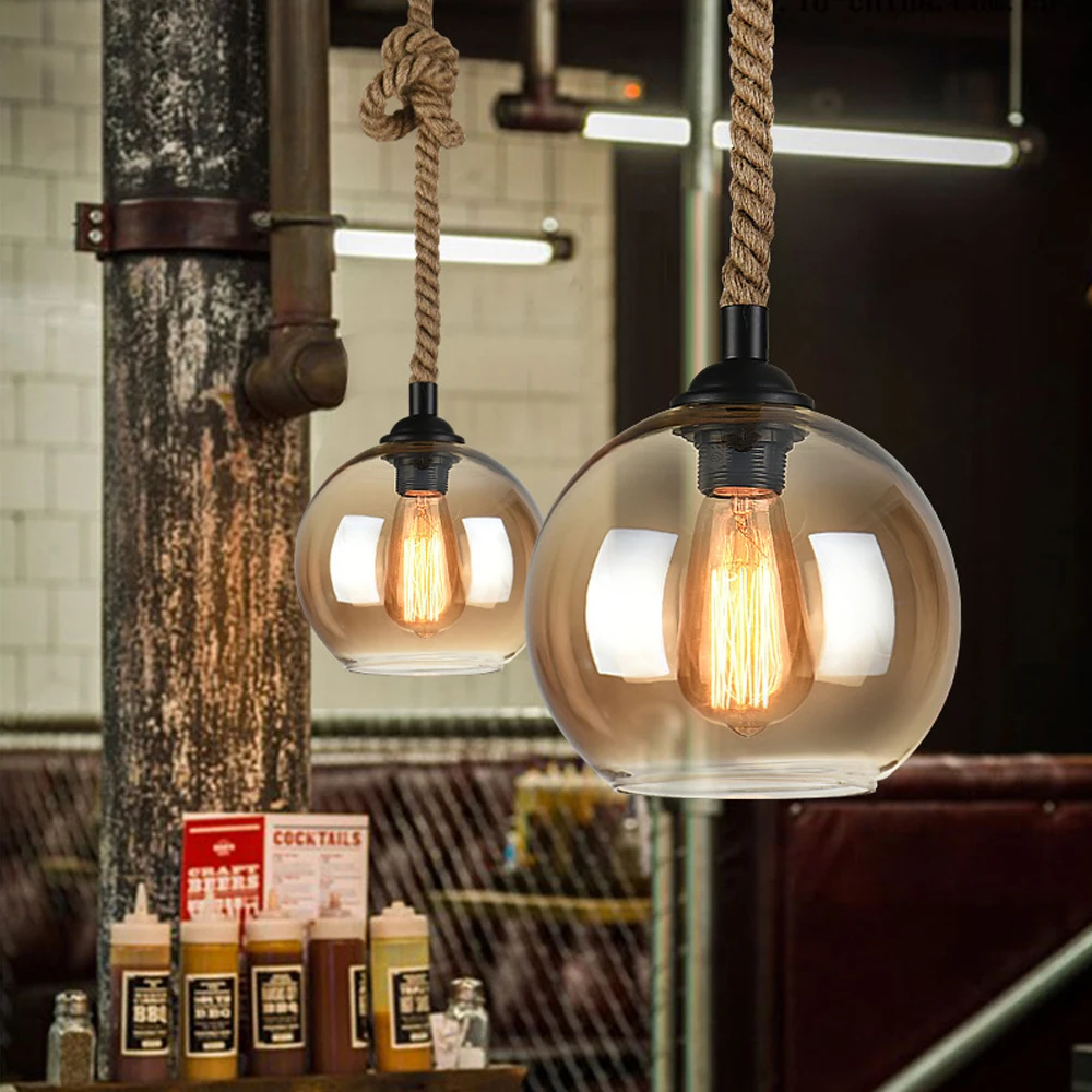 Vintage Hemp Rope Glass Pendant Light American Industrial Hanging Lamp Retro Loft Ceiling Chandelier Indoor Lighting Fixture E27