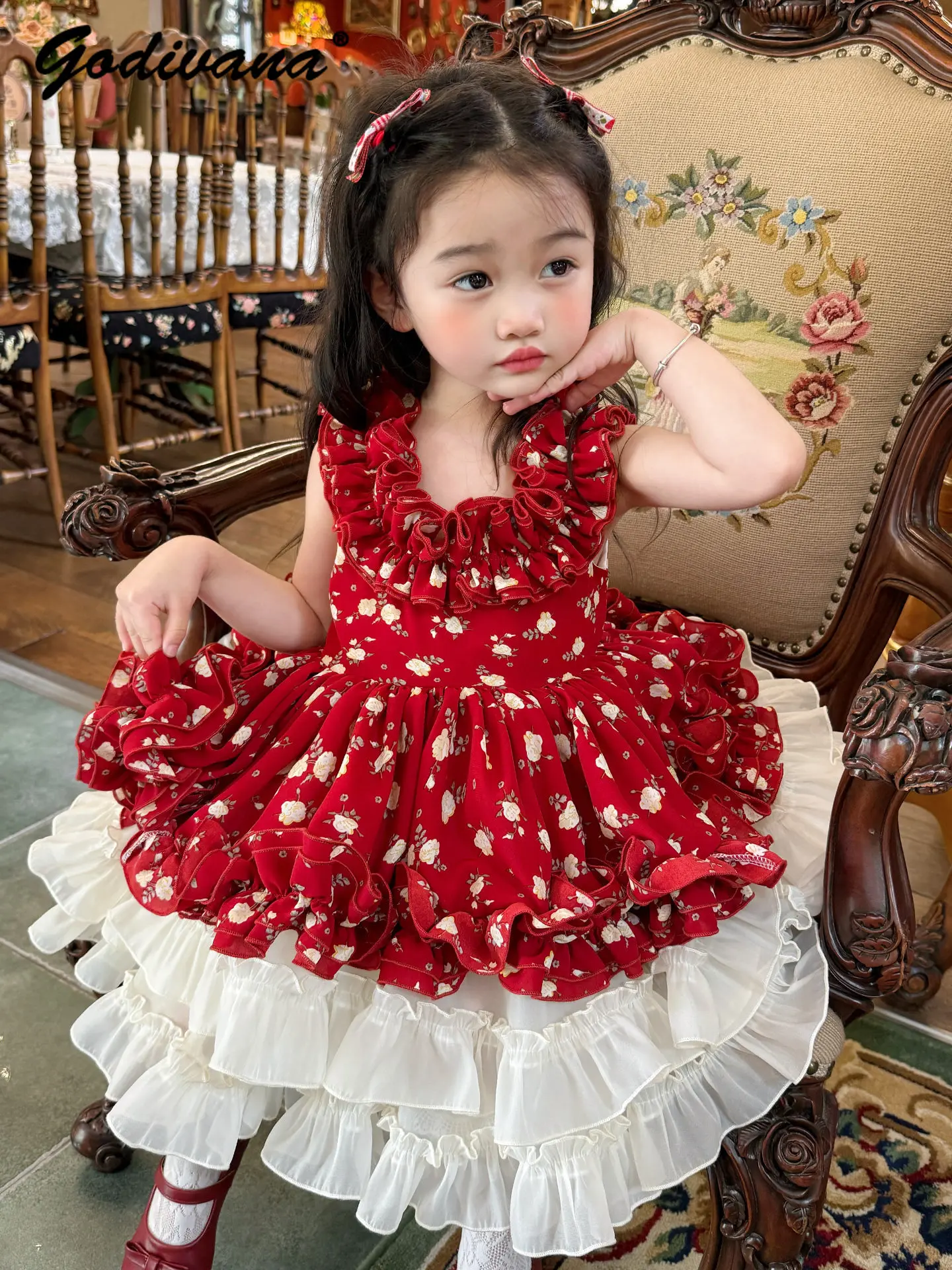 Sweet Baby Girls Red Floral Print Princess Sleeveless Dress 2026 New Summer Kids Ruffle Trim Mesh Patchwork Birthday Party Dress