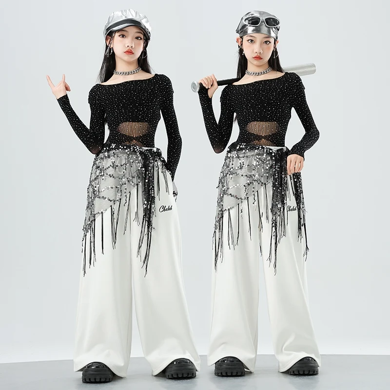 

Fashion Girls Jazz Dance Costumes Kids Hip Hop Clothing Kpop Outfit Street Dance Clothes Black Bright Diamond Tops Pants XH2497