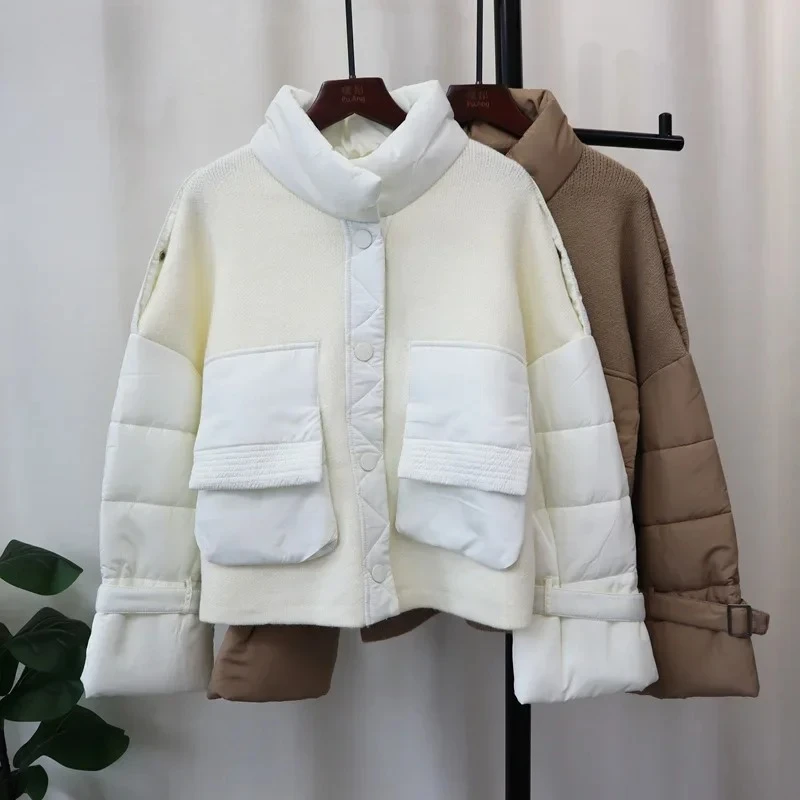 

2025 Autumn Winter Splicing Cotton Knitted Parkas Thickened Loose Temperament Design Sense Stand up Collar Sweater Coat