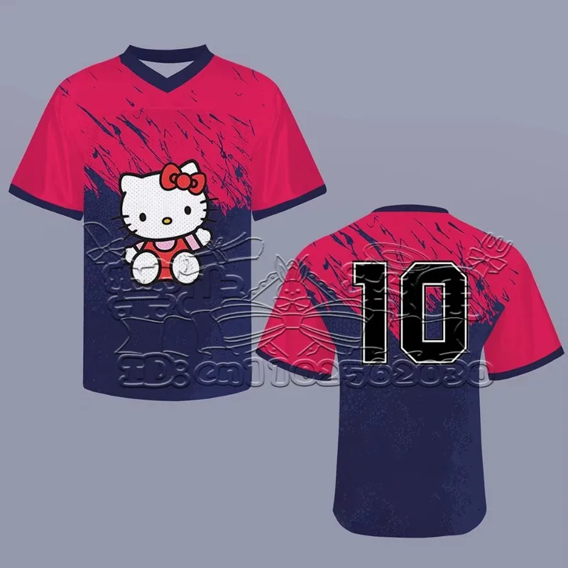 

2025 Summer Classic Hello Kitty 3D Printed Fashion Casual Loose V-neck Short Sleeved Women's Adult and Children's Large T-shirt