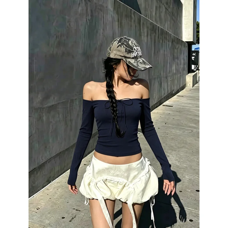 Slim Fit Long Sleeve Base Shirt Women's Pure Color Belt Design Special Edition Top Stylish Versatile Polyester T-Shirt