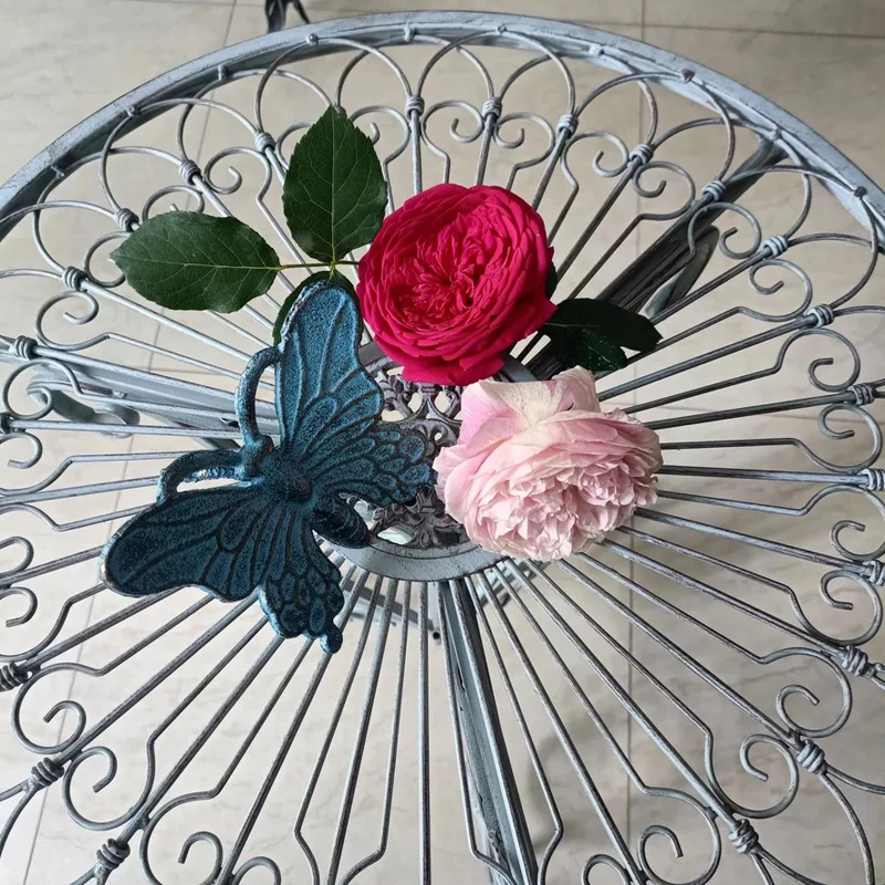 Vintage Blue Wrought Iron Folding Table with Floral Cutout Design