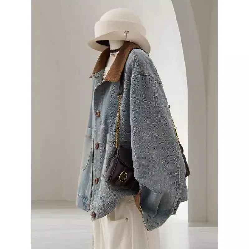 

Retro Contrast Color Denim Jaet plus Size 300 Pou Men Women Couples Faionable Versatile Autumn Winter Jaet