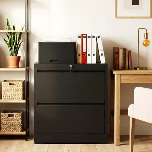 2 Drawer File Cabinet with Lock, Black Metal Lateral Filing Cabinet | 28.5