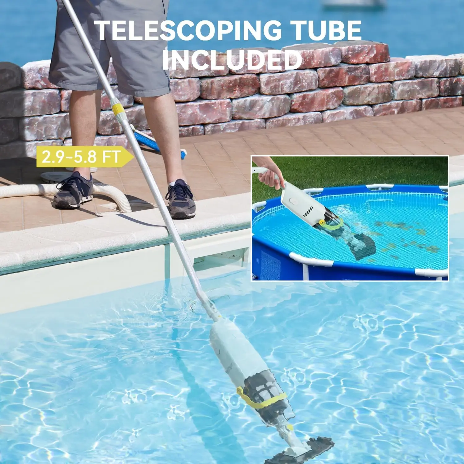 Handheld Pool Vacuum with Telescopic Pole, Cordless Rechargeable Pool Vacuums Cleaner, 60 Mins Running