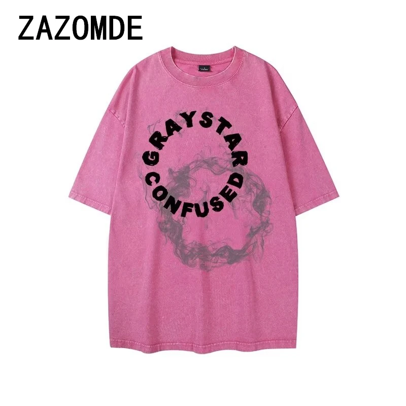 

ZAZOMDE High Quality Cotton Washed T-shirts Letter Printing Round Neck Loose Cotton Short Sleeve T-Shirt Men's Clothes 4 Color