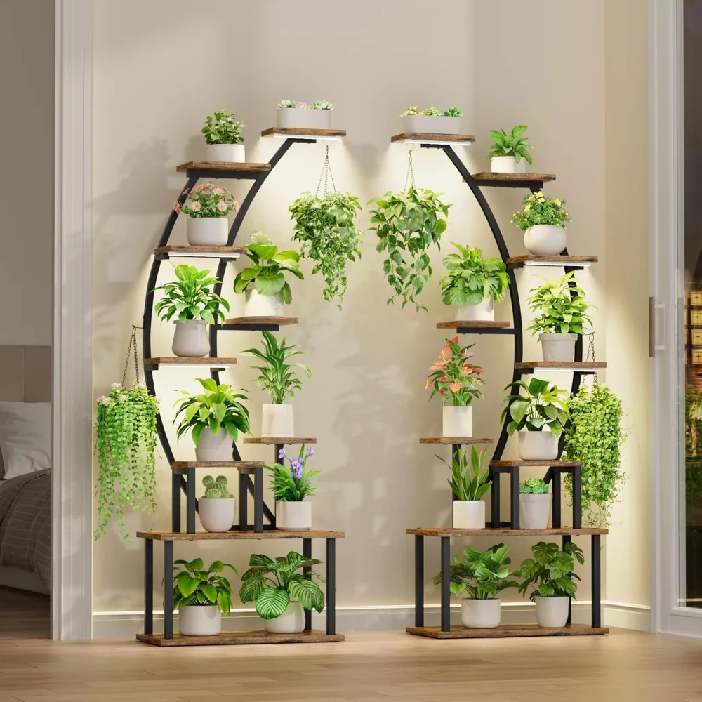 Suporte para plantas interno com luzes de cultivo, prateleira de metal para plantas de 9 camadas, suporte para plantas de 63" de altura para plantas de interior múltiplas