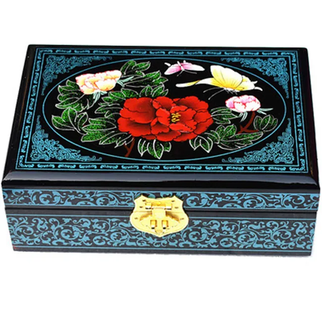 

New Chinese Handwork 21x14mm Wood Jewelry Box 2 Layer Flower Painting with Mirror Retro Wedding Boxes Gift Holder Storage Case