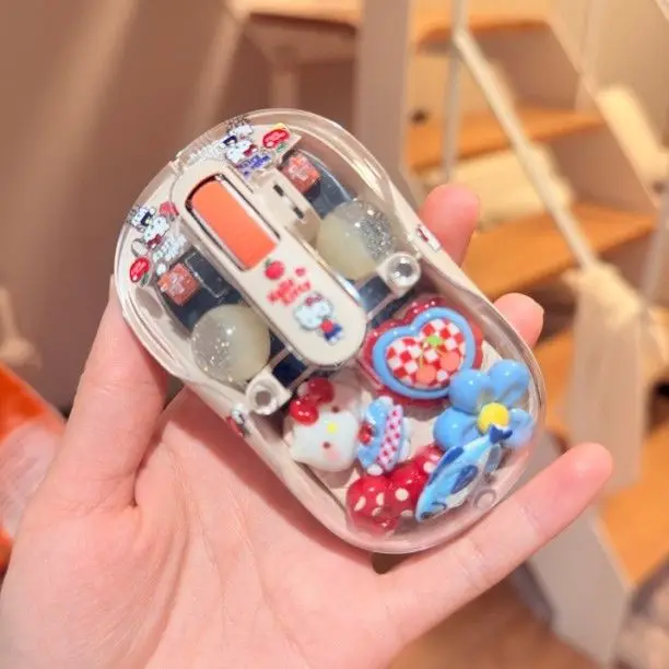 Kawaii Sanrio Hellokitty Transparent Wireless Mouse Handmade Diy Decoration Cute High Appearance Mouse for Laptop Office Desktop
