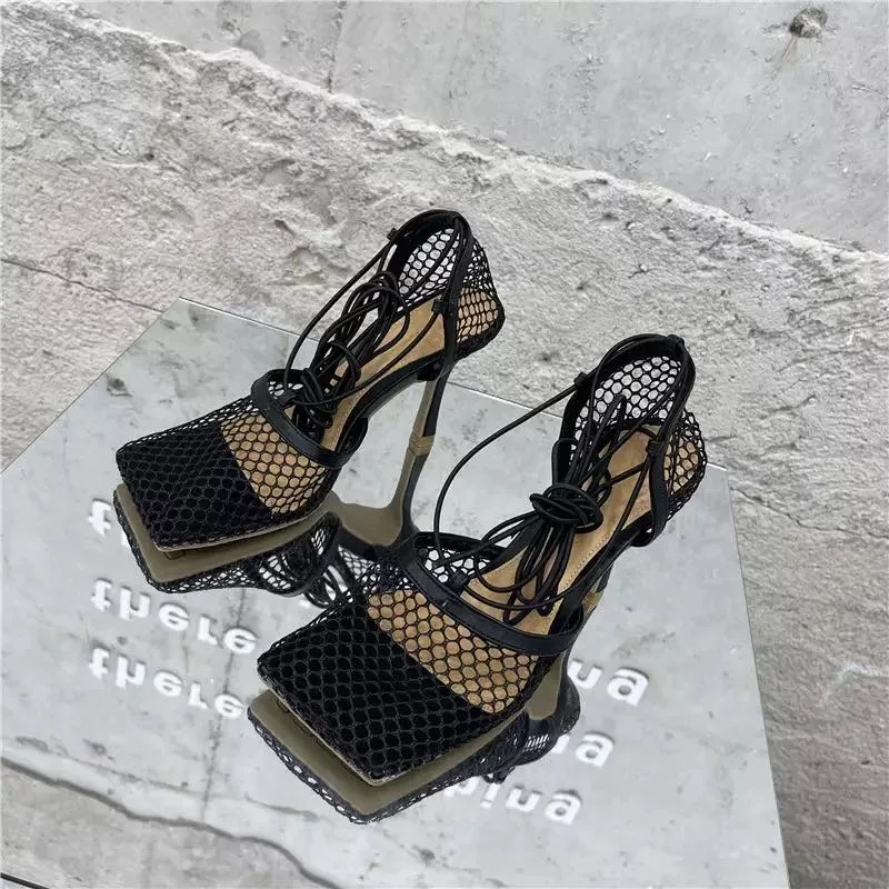 New Sexy Mesh Pumps Sandals Female Square Toe High Heel Lace Up Cross-Tied Stiletto Hollow Dress Shoe Zapatos Mujer Plus Size 42