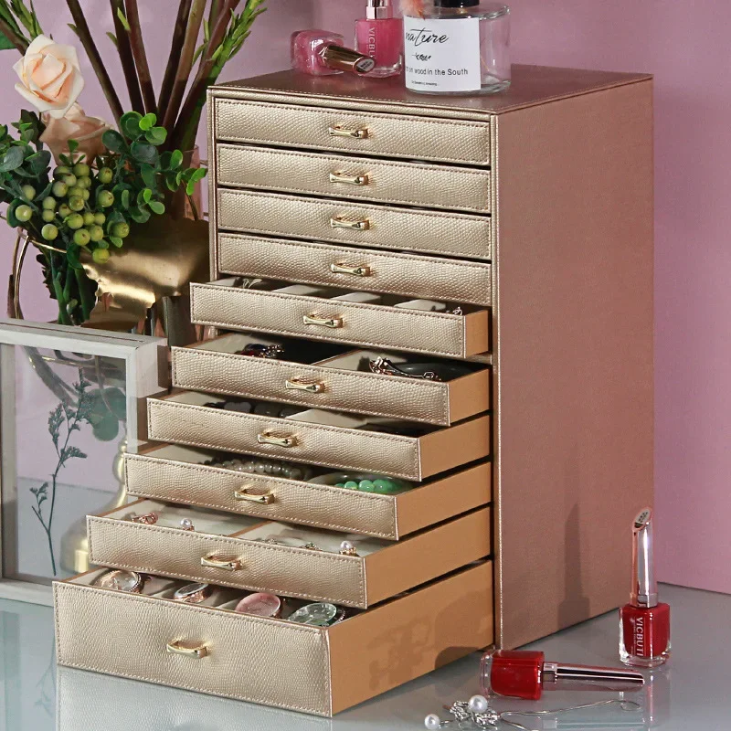 Caja de almacenamiento de joyas de gran capacidad para mujer, organizador de joyas de lujo con múltiples cajones, 10 capas, colección de exhibición