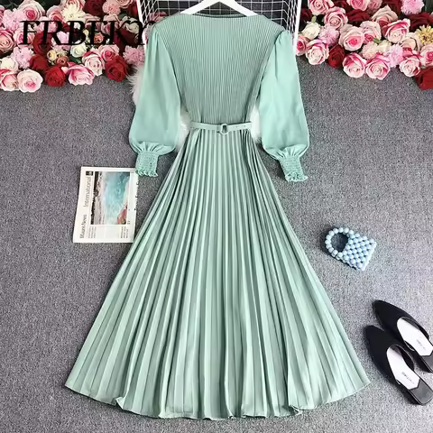 Pleated Dresses New Fashion Waist Slimming Temperament French Dress Elegant Long Sleeve Pleated Waistband Romper Evening Dresses