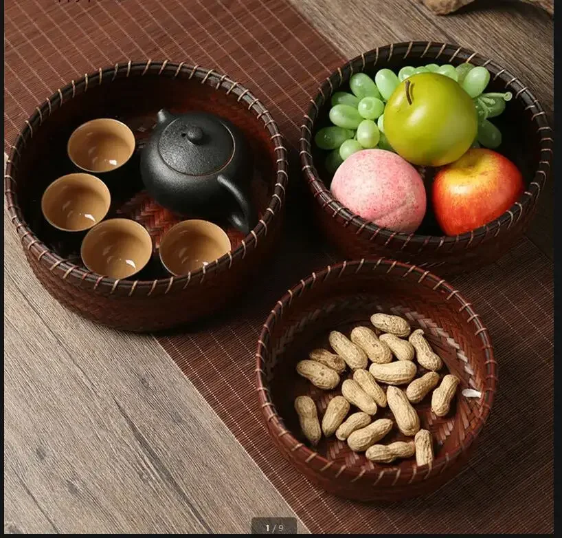 

Bamboo Weaving Round Storage Basket Hand-made Refreshment Tray Fruit Basket Snack Tray Bamboo Organize Box Home Woven Baskets