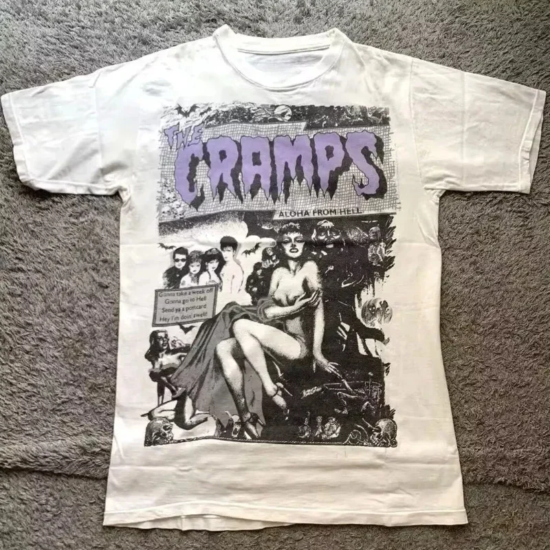 Remake The Cramps 1988 Tour White T Shirt Graphic Tee Vtg NH Graphic Short Sleeve Shirt Unisex Men Women Summer Tees