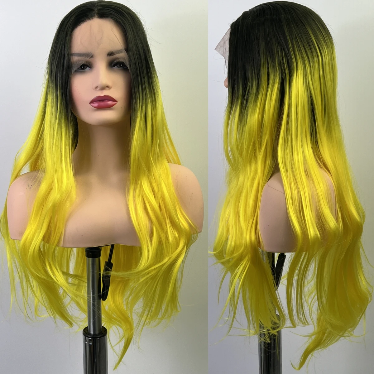 Yellow Synthetic Lace Front Wig Black Hairroot Smooth Long Straight Hair Natural Hairline Cosplay Party Women's Wig High Quality