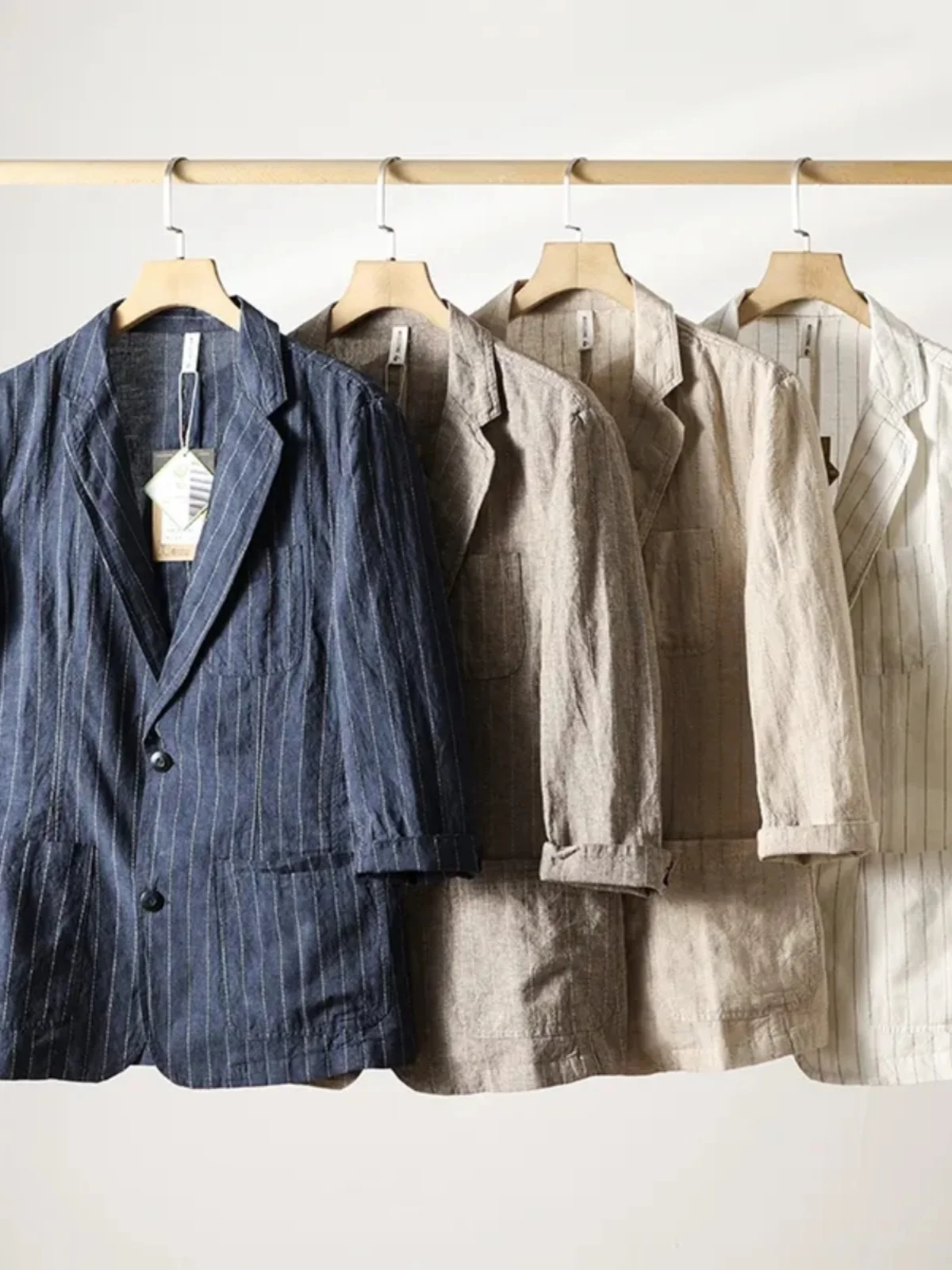 

Новый улучшенный мужской летний костюм из хлопка и льна: комфортный, дышащий, свободный, легкий, в полоску