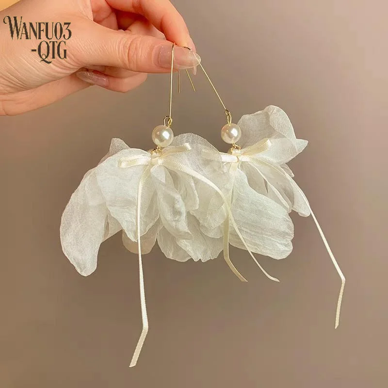Hot Sale 1 Pair White Veil Large Floral Tassel Pendant For Women, Sweet White Mesh Petal Jewelry Gift For Girls