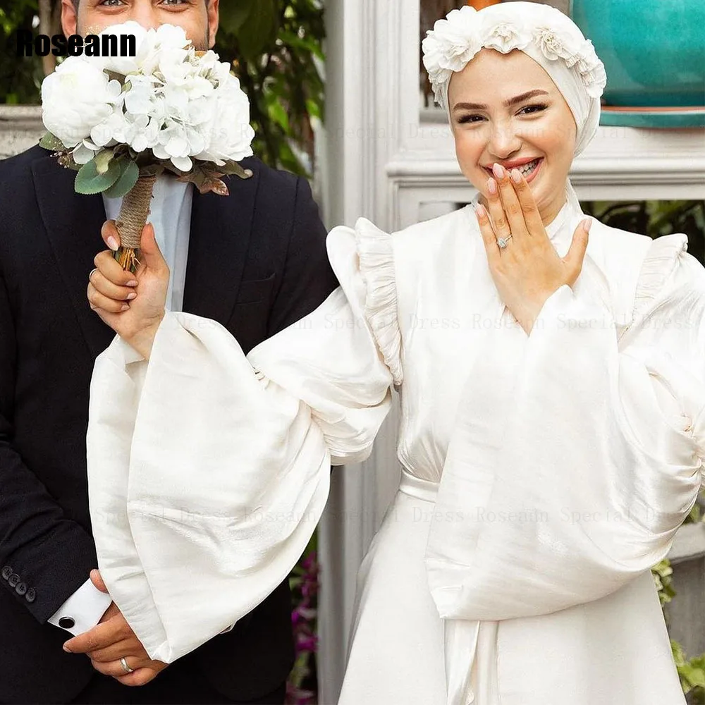 

Muslim 2024 Simple Ivory A-line Wedding Dresses High Collar Bow Draped Pleat Floor Length Bride Dress Brush Train robe de mariée