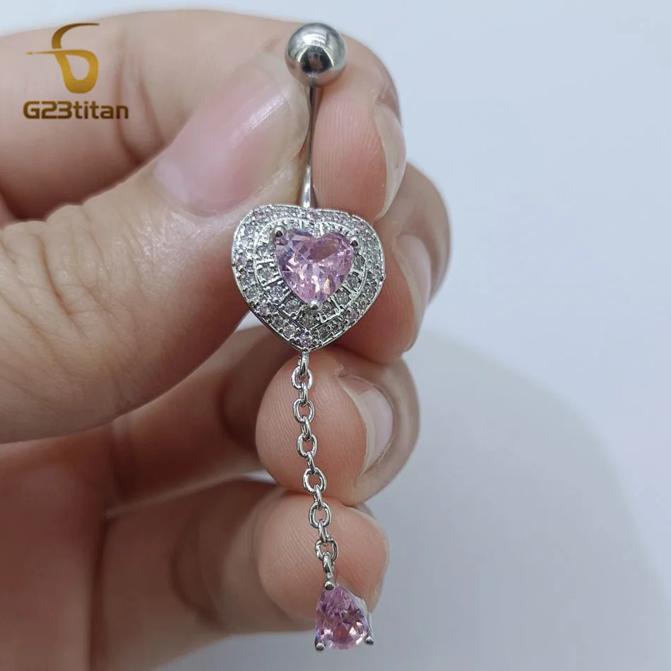 G23Titan Pink Zircon Crystal Heart Navel Piercing Women Jewelry Hanging Long Chain Dangle Belly Button Ring 14G Titanium Barbell
