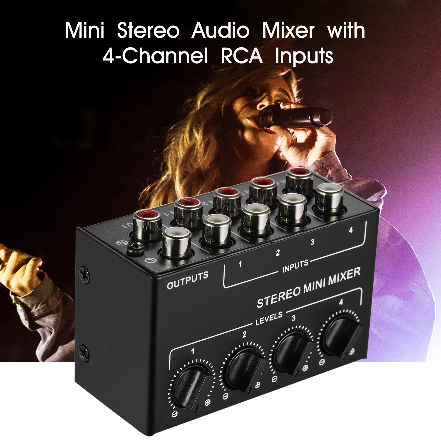 Mini Stereo Audio Mixer with 4-Channel RCA Inputs Separate Volume Controls Full Metal Shell