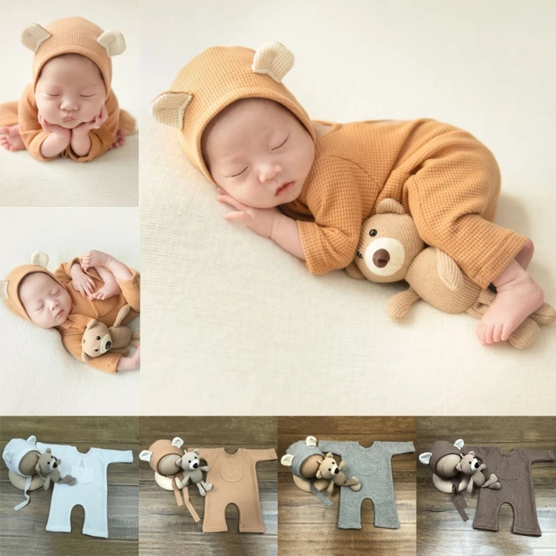 Newborn Baby Infant Photography Props Boy Girl Outfits Bear Hat Overalls Drop shipping