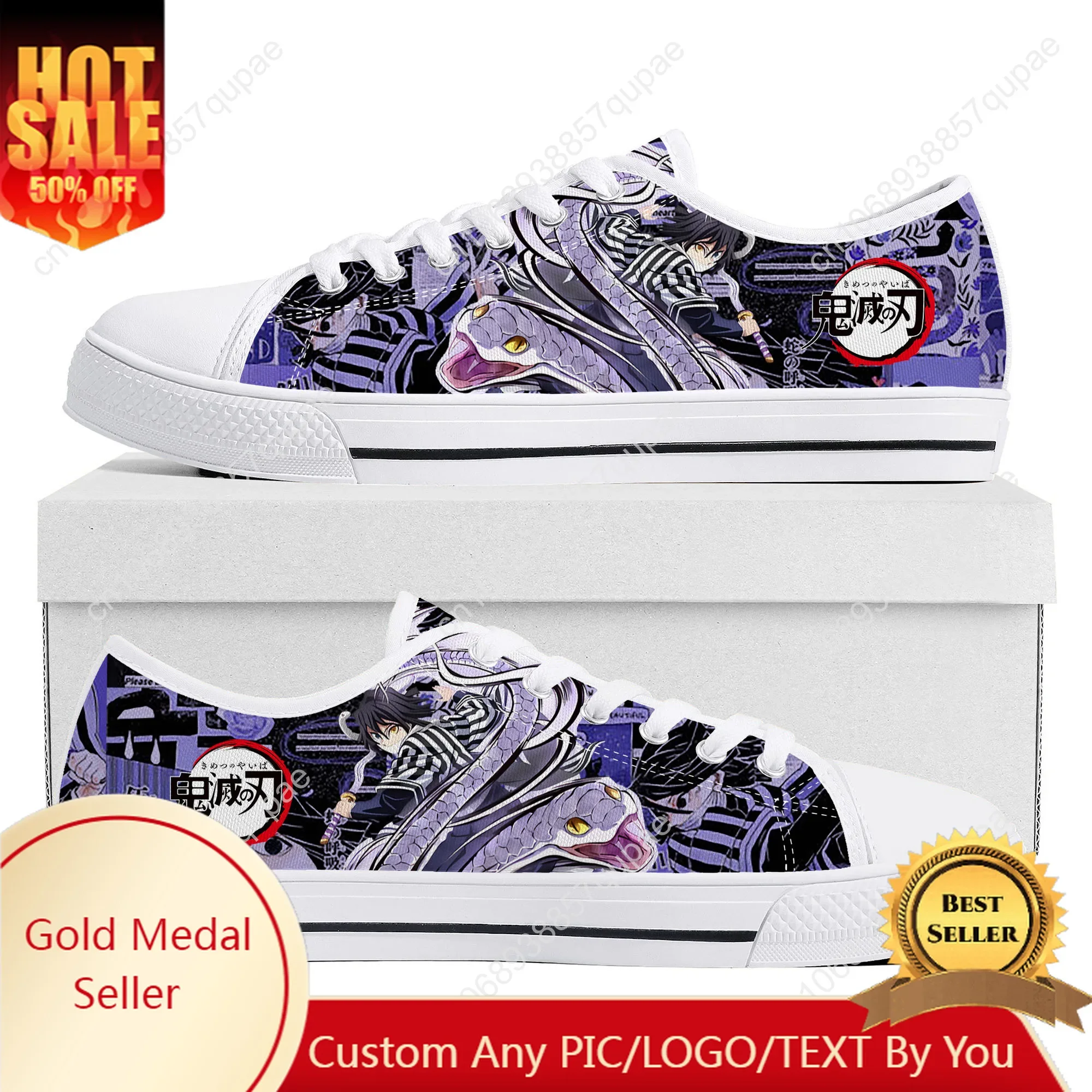 

Obanai Iguro Low Top High Quality Sneakers Mens Women Teenager Canvas Sneaker Casual Couple Shoes Cartoon Anime Custom Shoe