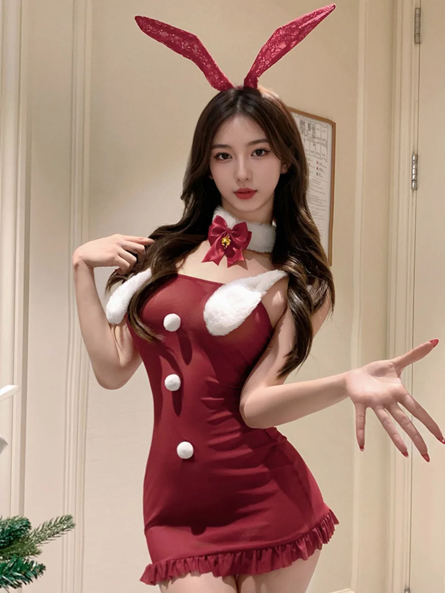 セクシーなクリスマスバニーガール遊び心のあるセクシーな純粋な欲望ボディコン蝶結びベルドレスいちゃつくラップヒップドレス透明な魅力的なEWIB