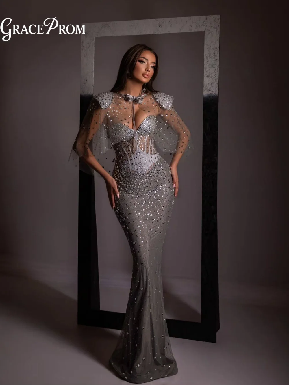 Elegant Silver Crystal Beaded Mermaid Evening Gown 2026 Radiant Sheer Cape Corset Top Party Dress For Wedding Guests فساتين سهرة