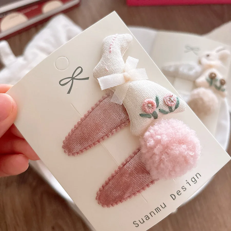 Autumn Winter Sweet 3D Embroidery Cute Rabbit Baby Velvet BB Clips Side Hairpins Girls Sakura Pink Fluffy Pom Pom Hair Ties view 3