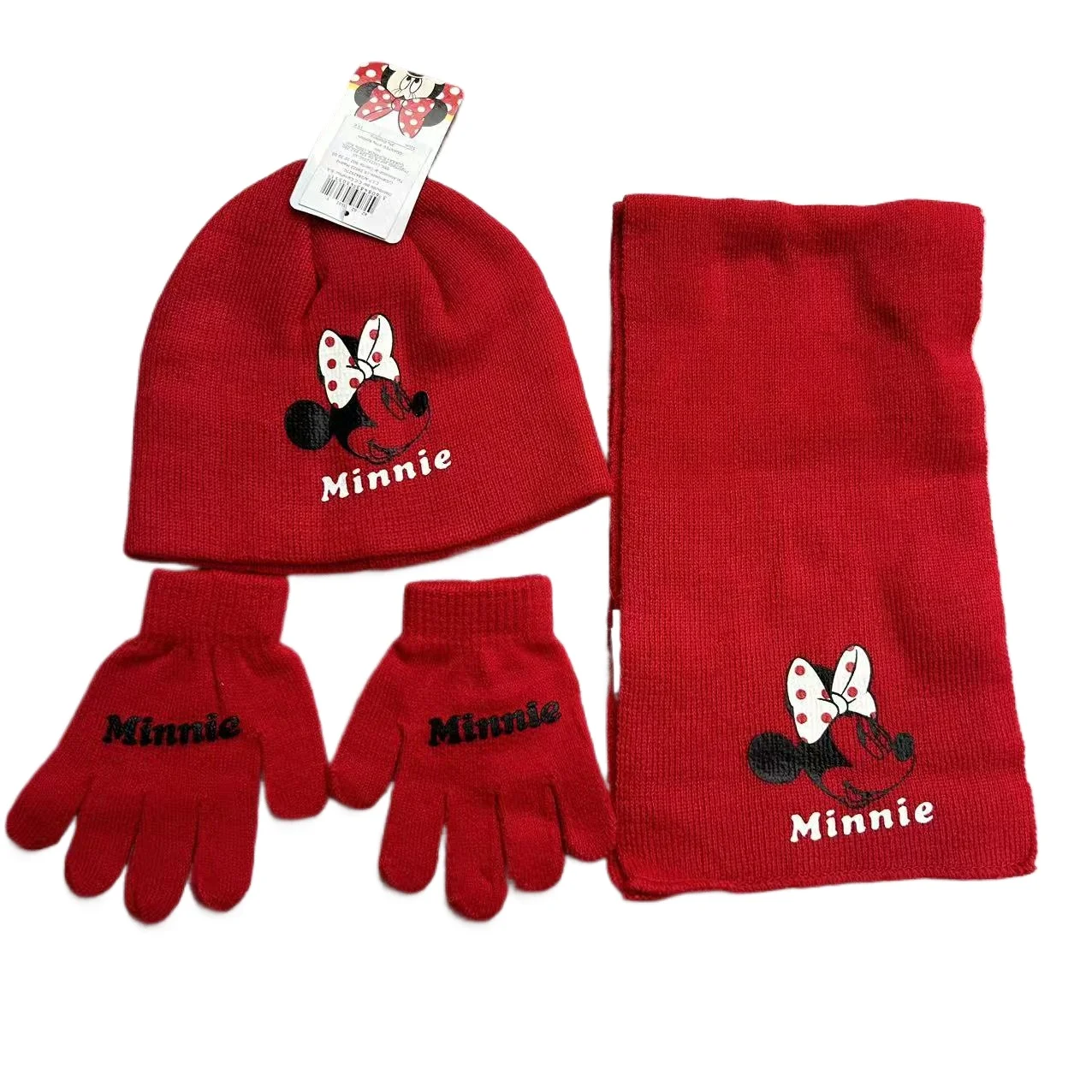 3Pcs Girls Bow Cartoon Mouse Knitted Hat Scarf Gloves Set Warm Pom‑pom Beanie Autumn Winter Accessories for Girls Gift