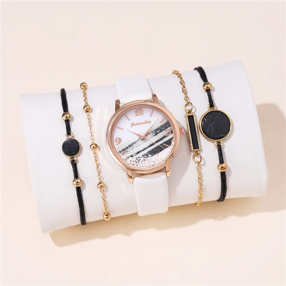 Reloj de cuero pu de cuarzo con diamantes de imitación para mujer, moda de moda, 5 piezas por juego