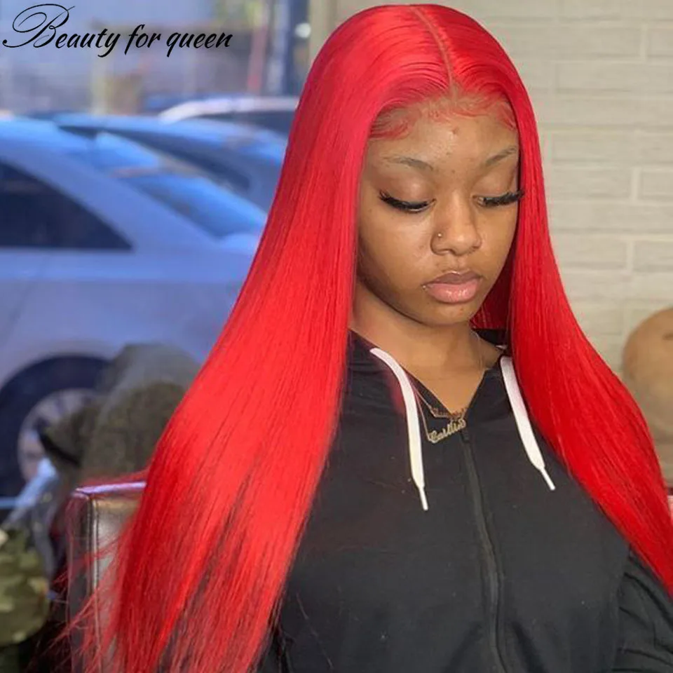 Red Long Straight Human Hair Wigs Extensions Invisible Lace Melting Colored 13x4 Lace Front Wig Glueless Wear And Go For Women